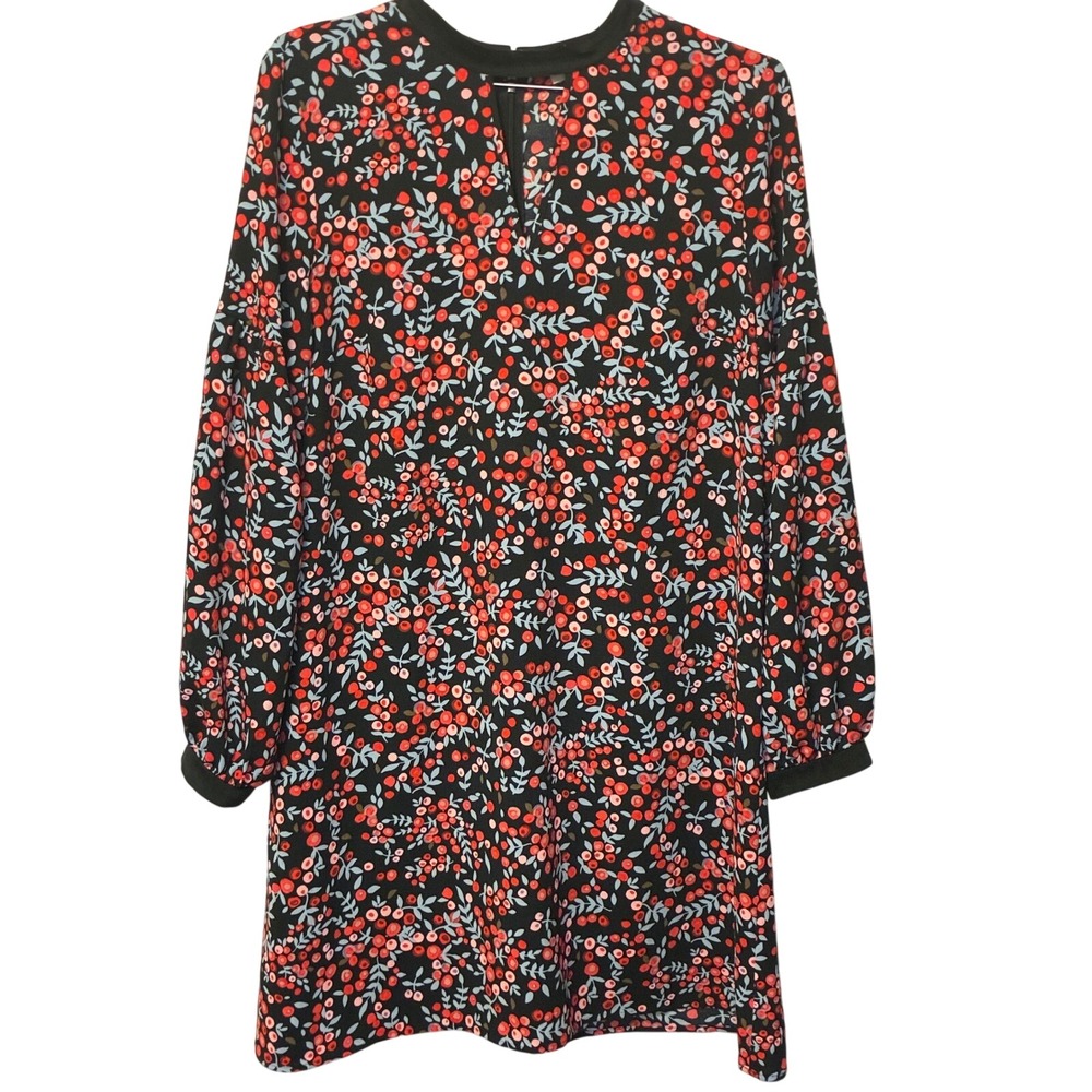 LOFT Womens Berry Floral Keyhole Shift Dress Black Red Long Sleeve Mini Size M
